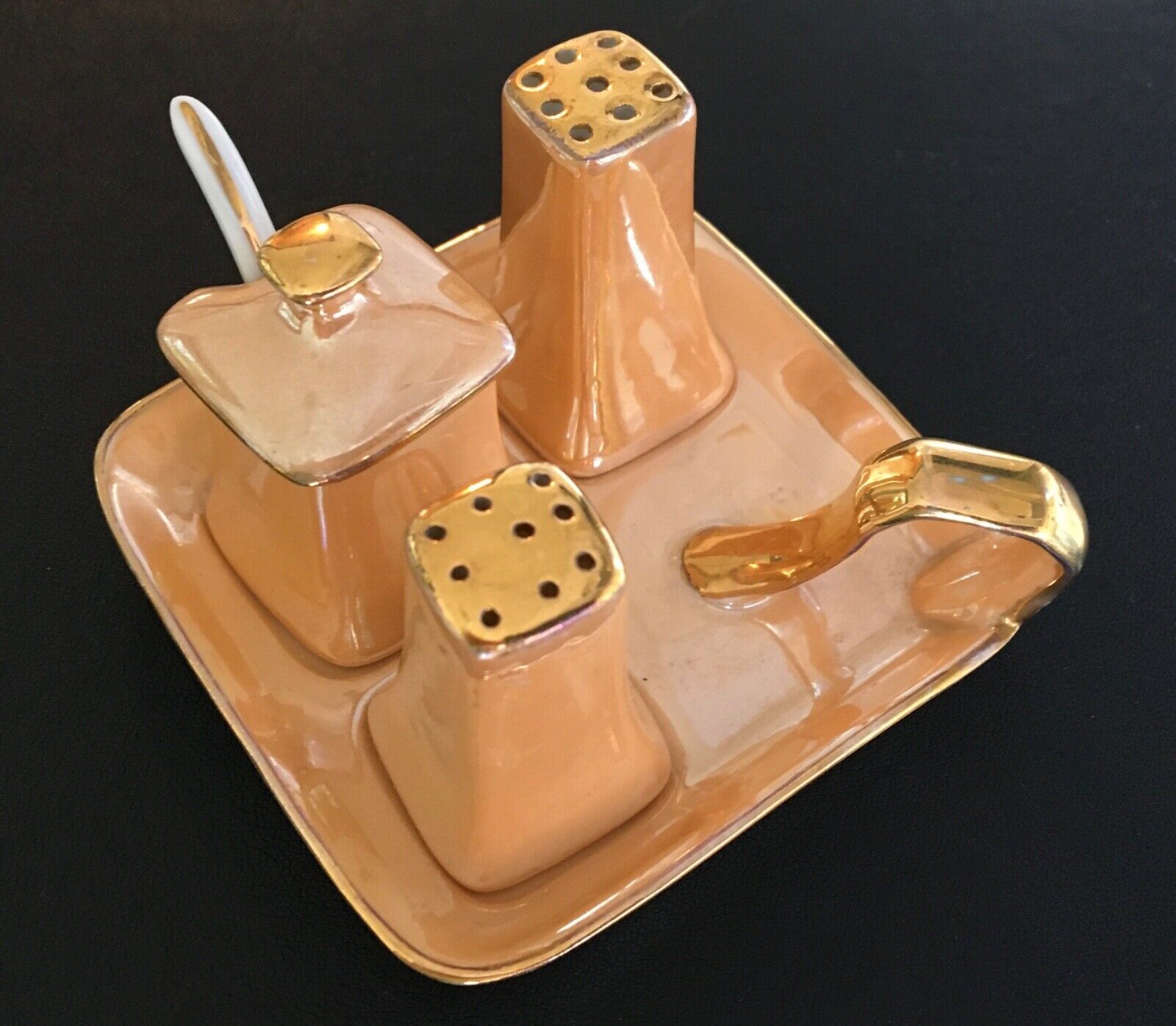 Vintage Miniature Noritake Lusterware Salt Pepper Sugar & Tray Set W/ Spoon