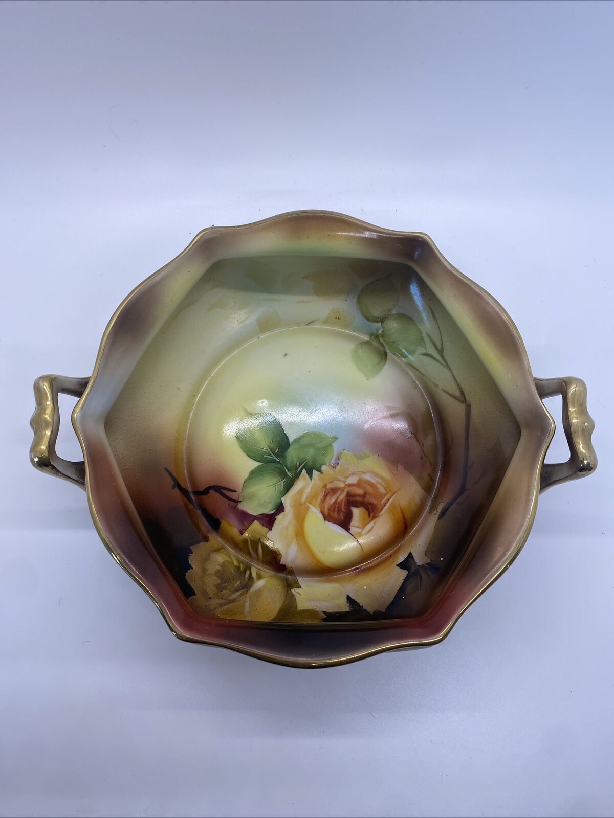 Noritake Morimura Hand Painted Floral Rose Scalloped Bowl W/ Handles Japan