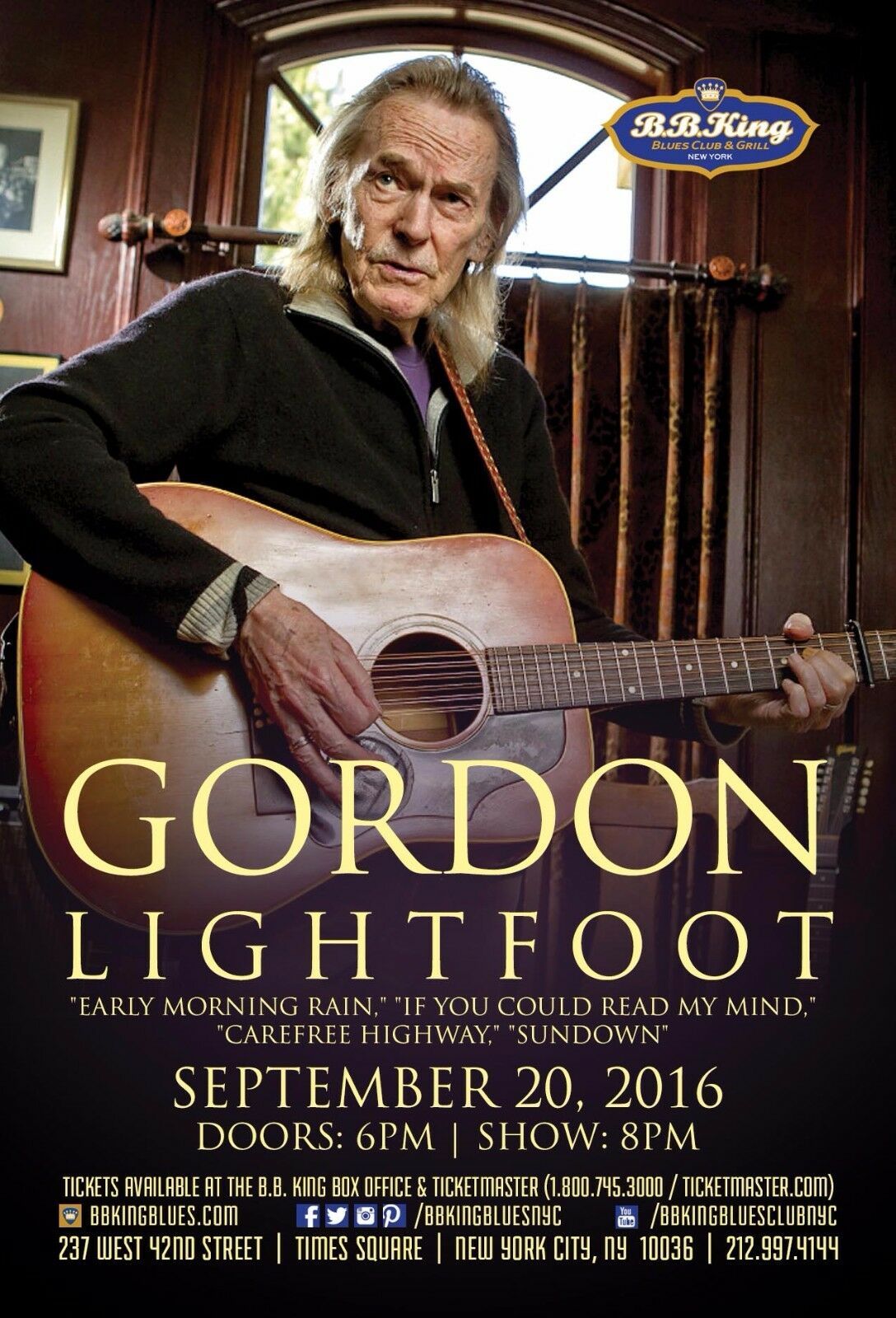 Gordon Lightfoot 2016 New York City Concert Tour Poster - Folk Pop / Rock Music
