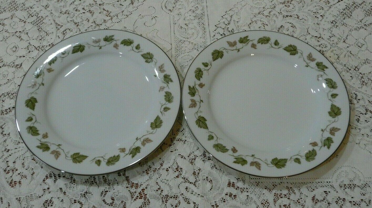 Set Of 2 Noritake Vineyard 6449 Dinner Plates Brown & Green Leaves Platinum Rim