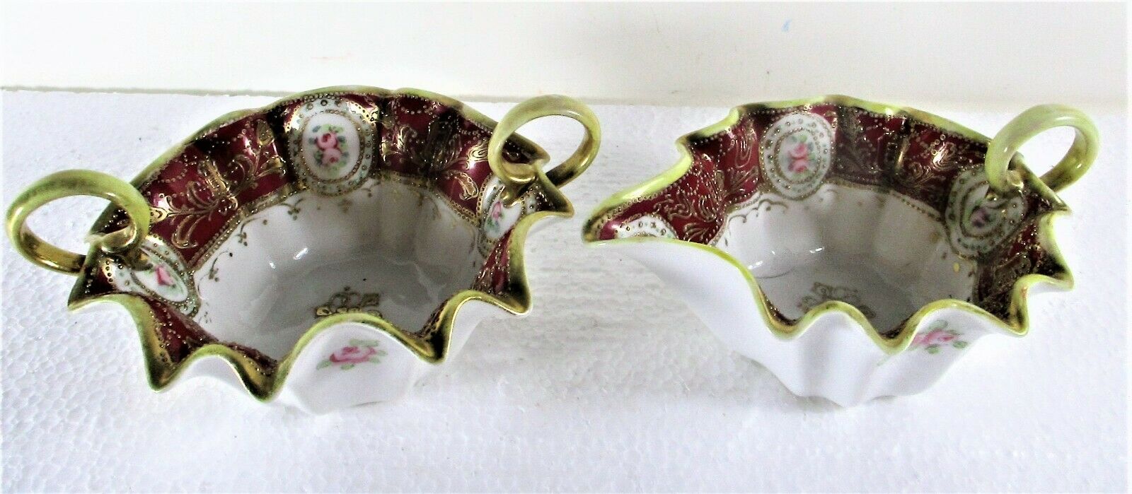 Signed Noritake Nippon Folded Edge Low Form Sugar Creamer Red Gilded Medalions