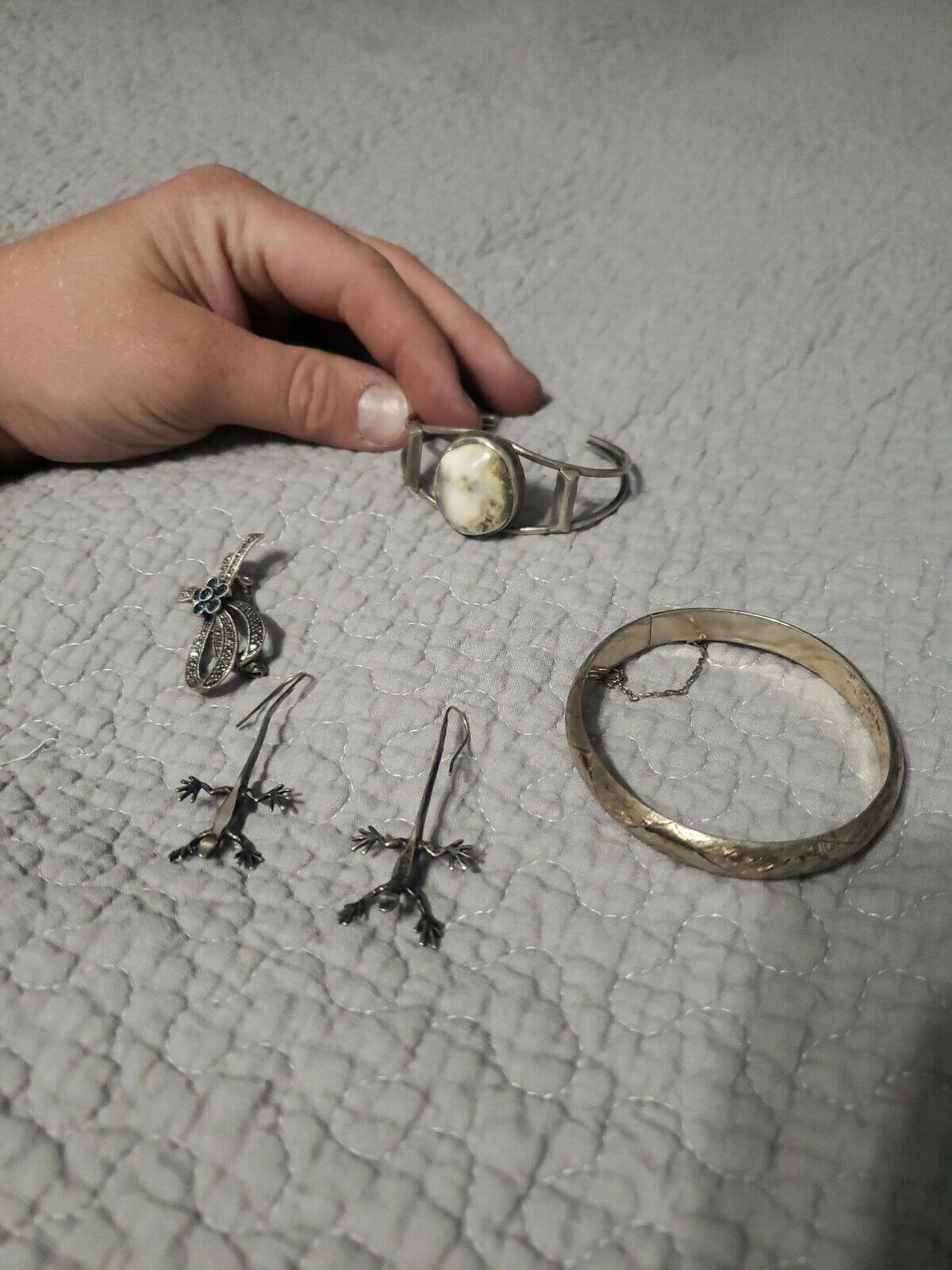 925 Sterling Silver Lot Bracelets Lizard Earings Broach *tested